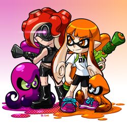  2girls armor artist_name back-to-back bike_shorts boots colored_sclera commentary_request fingerless_gloves gloves goggles green_sclera ink_tank_(splatoon) inkling inkling_girl inkling_player_character long_hair looking_at_another looking_back mask multiple_girls octopus octoshot_(splatoon) orange_eyes orange_hair paint_splatter pointy_ears print_shirt purple_eyes red_hair robert_j_case shirt shoes signature smirk sneakers splatoon_(series) splatoon_1 splattershot_(splatoon) squid standing super_soaker t-shirt takozonesu tentacle_hair 