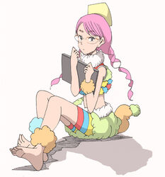  bare_arms barefoot colorful feet female fluffy_collar glasses original pink_hair shigetoshisss solo tail thick_eyebrows 