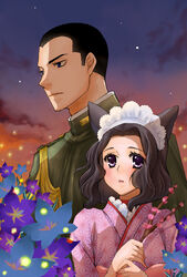  1boy animal_ears asa_no_ha_(pattern) bellflower black_eyes black_hair branch chinese_bellflower commentary_request female flower fox_ears japanese_clothes kimono maid_headdress military military_uniform otome_youkai_zakuro otowe photoshop_(medium) purple_eyes short_hair susukihotaru uniform yoshinokazura_riken 