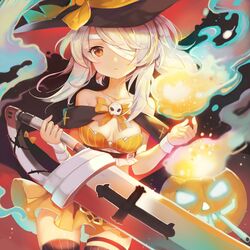  ayanami_(azur_lane) ayanami_(witch_in_ambush)_(azur_lane) azur_lane bandaged_arm bandages bare_shoulders breasts commentary cowboy_shot dress female hair_over_one_eye halloween halloween_costume hat holding holding_sword holding_weapon jack-o&#039;-lantern long_hair looking_at_viewer medium_breasts official_alternate_costume orange_dress orange_eyes parted_lips pumpkin sibyl solo sword thighhighs weapon white_hair witch_hat wrist_cuffs 