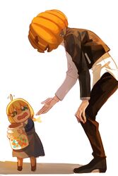  1boy ahoge artoria_pendragon_(fate) bad_id bad_pixiv_id coat distress dress eyebrows fate/stay_night fate_(series) female gilgamesh_(fate) gilgamesh_(immoral_biker_jacket)_(fate) halloween hand_on_own_hip jack-o&#039;-lantern jack-o&#039;-lantern_head jar jisue10 lolicon long_sleeves looking_up official_alternate_costume open_mouth outstretched_hand ponytail saber_(fate) scared squatting tears wavy_mouth 