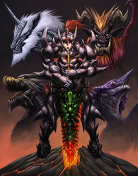  akantor_(armor) armor blue_eyes breastplate carlos_herrera chameleos dragon full_armor full_body fur gauntlets glowing greatsword greaves helmet holding holding_sword holding_weapon horn horns huge_weapon kirin_(monster_hunter) kushala_daora lips looking_afar looking_at_viewer monster_hunter no_pupils pauldrons red_eyes sharp_teeth spikes sword teeth teostra tongue unicorn weapon white_fur 