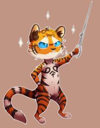  ambiguous_gender anthro biped blue_eyes chibi dannoitanart felid fur hi_res mammal melee_weapon nude pantherine sabre_(weapon) smile solo standing stripes tiger weapon 