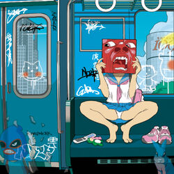  album_cover barefoot building cellphone commentary cover covering_face female graffiti gyarara in_the_court_of_the_crimson_king king_crimson lowres panties pantyshot phone photoshop_(medium) rabbit school_uniform serafuku shibuya_109 shoes skirt skyscraper spread_legs surreal tokyo_city_hall train_interior transparent underwear 