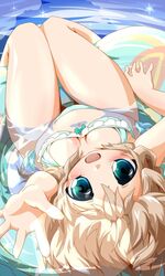  ass_visible_through_thighs bikini blonde_hair blue_eyes breasts commentary_request female foreshortening innertube knees_together_feet_apart looking_at_viewer medium_breasts navel open_mouth original outstretched_arm outstretched_hand partially_submerged reaching reaching_towards_viewer short_hair solo soutsuki_naru swim_ring swimsuit thigh_gap water 