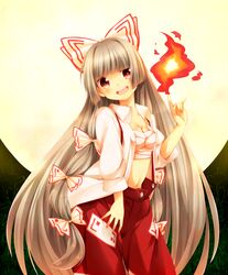  bad_id bad_pixiv_id bow commentary_request dress_shirt female fire fujiwara_no_mokou full_moon grey_hair hair_ribbon hairbow head_tilt highres hime_cut long_hair midriff moon narina navel open_clothes open_mouth open_shirt pants red_eyes ribbon sarashi shirt smile smirk solo suspenders touhou very_long_hair 