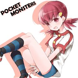  akane_(pokemon) gym_leader lowres pokemon red_hair shorts smile stockings thighhighs 