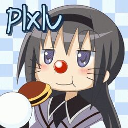  akemi_homura akemi_homura_(magical_girl) animated animated bad_id bad_pixiv_id black_hair checkered_background cosplay doraemon doraemon_(character) doraemon_(character)_(cosplay) dorayaki eating erechan female food hairband long_hair lowres magical_girl mahou_shoujo_madoka_magica mahou_shoujo_madoka_magica_(anime) portrait purple_eyes solo wagashi whiskers 