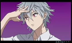  1boy akise_aru bad_id bad_pixiv_id derivative_work grey_hair hand_on_own_head ishida_akira_(voice_actor) karimero_(calimer0) look-alike male_focus mirai_nikki nagisa_kaworu neon_genesis_evangelion parody red_eyes solo style_parody voice_actor_connection 