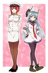  2girls admiral_minami_kazusa aqua_hair blunt_bangs commentary_request dress female_admiral_(kancolle) fingerless_gloves floating floating_object gloves hands_on_own_hips hat high_heels kantai_collection long_hair military military_uniform multiple_girls murakumo_(kancolle) nagomi_(mokatitk) necktie orange_eyes pantyhose peaked_cap red_eyes red_hair red_necktie sailor_collar sailor_dress uniform 