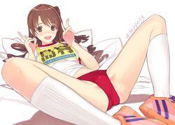  :d artist_name blush brown_hair buruma character_name commentary_request double_v female gym_uniform idolmaster idolmaster_cinderella_girls kneehighs long_hair looking_at_viewer lying menstrual_pad mibu_natsuki name_tag nose_blush open_mouth orange_footwear panties pillow shimamura_uzuki shirt shoes simple_background smile sneakers socks solo sportswear spread_legs underwear v white_background white_panties white_shirt white_socks 