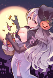  adapted_costume basket bat_(animal) black_gloves black_hat black_thighhighs blush bow breasts candy closed_mouth commentary_request cross cross-laced_clothes crown double_bun dress dropping elbow_gloves eyelashes female fence food food-themed_hair_ornament from_above from_behind gloves hair_bun hair_ornament halloween hat highres holding holding_basket jack-o&#039;-lantern light_particles ling_hua lollipop long_dress long_hair looking_at_viewer looking_up medium_breasts mg_kurino mini_crown moon night night_sky pine_tree pink_bow pumpkin_hair_ornament purple_eyes purple_sky rune_factory rune_factory_4 side_slit silhouette sky smile solo standing striped thighhighs tree very_long_hair witch_hat 