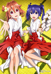  2girls :d absurdres arm_support blue_hair blush body_blush fingernails gohei hair_between_eyes hair_ornament heart heart_hair_ornament highres iwata_keiko japanese_clothes kusanagi_yuma light_brown_hair looking_at_viewer megami_magazine miko multiple_girls nail_polish official_art on_floor oonusa open_mouth pink_eyes pink_nails pinky_out purple_eyes scan short_hair short_twintails smile soushin_shoujo_matoi sumeragi_matoi tabi tatami tongue twintails white_legwear 