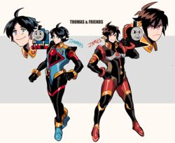  2boys bad_id bad_twitter_id black_hair blue_eyes bodysuit brown_hair character_name commentary copyright_name english_commentary highres james_the_red_engine kendy_(revolocities) looking_at_viewer male_focus multiple_boys parted_lips personification pilot_suit pointing pointing_at_self red_eyes smile thomas_the_tank_engine thomas_the_tank_engine_(character) 