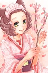  animal_ears bad_id bad_pixiv_id black_hair branch female fox_ears haru_(manhoul) japanese_clothes kimono maid_headdress obi otome_youkai_zakuro petals pink_kimono sash short_hair smile solo susukihotaru yellow_eyes 