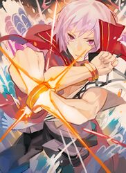  1boy bracelet cape commentary_request crossed_arms fate/grand_order fate/prototype fate/prototype:_fragments_of_blue_and_silver fate_(series) high_collar jewelry kibadori_rue looking_afar looking_away male_focus moses_(fate) parted_lips pink_eyes pink_hair red_cape solo sparks standing 