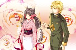  1boy agemaki_kei aiguillette animal_ears asa_no_ha_(pattern) bad_id bad_pixiv_id black_hair blonde_hair blue_eyes blush bow couple female fox_ears hair_ribbon hairbow japanese_clothes kimono long_hair military military_uniform obi otome_youkai_zakuro pink_bow ribbon sash smile straight twintails umesuki uniform zakuro_(otome_youkai_zakuro) 