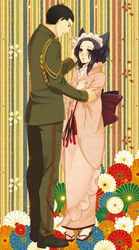  1boy aiguillette animal_ears asa_no_ha_(pattern) black_hair blush commentary_request couple female flower fox_ears hair_flower hair_ornament highres japanese_clothes kikumon kimono maid_headdress military military_uniform otome_youkai_zakuro peko_(opal) photoshop_(medium) purple_eyes short_hair smile standing straight susukihotaru uniform yoshinokazura_riken 