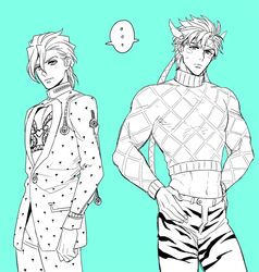  2boys animal_print aqua_background bad_id bad_pixiv_id battle_tendency bruno_bucciarati bruno_bucciarati_(cosplay) caesar_anthonio_zeppeli cosplay crop_top green_theme guido_mista guido_mista_(cosplay) headband jojo_no_kimyou_na_bouken male_focus midriff monochrome multiple_boys pannacotta_fugo sokka_(kbs) sweatdrop tiger_print turtleneck vento_aureo winged_hair_ornament zipper 