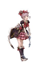  bad_id black_socks brown_eyes elbow_gloves female frilled_skirt frills full_body gloves granblue_fantasy hair_bun hair_ornament linaria_(granblue_fantasy) looking_at_viewer minaba_hideo official_art open_mouth puffy_sleeves purple_hair ribbon shoes single_hair_bun skirt smile socks solo standing transparent_background 