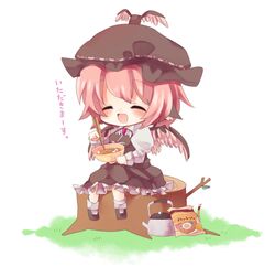  bad_id bad_pixiv_id bowl chibi chopsticks closed_eyes eating female food happy hat holding holding_bowl holding_chopsticks instant_ramen mystia_lorelei nissin_chicken_ramen noodles pack_noodles ramen short_hair sitting solo touhou translated wings yukimiya_(parupunta) 