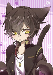  1boy animal_ears animal_hands brown_hair cat_ears cat_paws cat_tail commentary_request dog_tags gloves male_focus ookurikara paw_gloves paw_print photoshop_(medium) solo tail takoyaki_kenken touken_ranbu yellow_eyes 