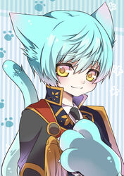  1boy animal_ears animal_hands aqua_hair cat_ears cat_paws cat_tail commentary_request gloves hand_on_own_chest ichigo_hitofuri male_focus necktie paw_gloves paw_print photoshop_(medium) smile solo tail takoyaki_kenken touken_ranbu yellow_eyes 