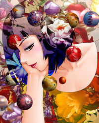  ball blush bob_cut brown_eyes collarbone commentary_request eyeshadow female flower fractal head_rest highres lipstick makeup multicolored_hair original photoshop_(medium) short_hair smile smirk solo surreal yui_toshiki 