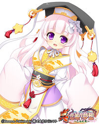  commentary_request copyright_name female hat japanese_clothes kentei kimono koihime_musou long_hair obi official_art open_mouth photoshop_(medium) pink_hair pink_kimono pochadon purple_eyes ribbon sash sleeves_past_wrists smile solo 