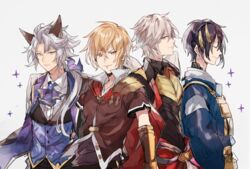  4boys albert_(shingeki_no_bahamut) animal_ears ascot black_hair blonde_hair blue_eyes closed_eyes commentary_request crossover erune granblue_fantasy grey_eyes japanese_clothes katsugeki/touken_ranbu lucio_(granblue_fantasy) male_focus mikazuki_munechika multiple_boys ponytail red_eyes seruel short_hair smile sparkle touken_ranbu waltz_(tram) white_hair 