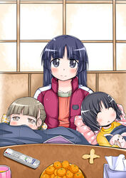  3girls blush closed_eyes commentary_request controller food fruit gokou_hinata gokou_ruri gokou_tamaki long_hair lying mad_(hazukiken) mole mole_under_eye multiple_girls open_mouth orange_(fruit) ore_no_imouto_ga_konna_ni_kawaii_wake_ga_nai pillow remote_control short_hair siblings sisters sleeping table tissue track_suit 