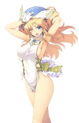  armpits bare_hips bare_legs blonde_hair blue_eyes breasts commentary covered_navel covered_nipples crossed_legs female gloves hat highres iiris_(sennen_sensou_aigis) large_breasts long_hair nakadori_(movgnsk) no_bra no_panties sennen_sensou_aigis side_slit sideboob solo wind 