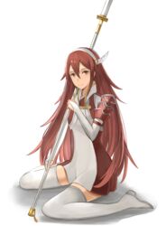  akuria bad_id bad_pixiv_id boots bridal_gauntlets caeldori_(fire_emblem) collar dark_red_hair dress female fire_emblem fire_emblem_fates flat_chest hair_ornament hairband highres long_hair looking_at_viewer naginata polearm red_eyes red_hair short_dress simple_background sitting smile solo thigh_boots thighhighs very_long_hair wariza weapon white_background white_footwear white_thighhighs winged_hair_ornament zettai_ryouiki 