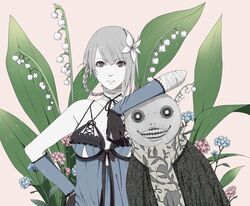  arm_on_another&#039;s_head arm_rest bad_id bad_pixiv_id bandaged_arm bandaged_neck bandages blue_flower braid commentary elbow_gloves emil_(nier) female flower forget-me-not_(flower) gloves grey_hair hair_flower hair_ornament height_difference kaine_(nier) leaf lily_of_the_valley lingerie negligee nier nier_(series) pale_skin pink_flower plant scarf short_hair smile underwear white_flower xino 