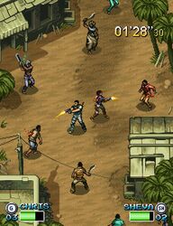  battle blood capcom chainsaw chris_redfield dark_skin fake_screenshot from_above junkboy machete majini pixel_art resident_evil resident_evil_5 sheva_alomar 