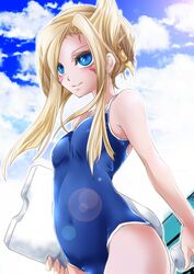  alternate_hairstyle blonde_hair blue_eyes blue_one-piece_swimsuit bottle breasts cloud colored_eyelashes commentary_request competition_school_swimsuit covered_navel day drinking_straw esunoji facial_mark female flipped_hair forehead_mark from_side genderswap_(mtf) hair_bun hair_ornament hair_up holding jewelry kickboard lens_flare light_smile long_hair looking_to_the_side mizael_(yu-gi-oh!) one-piece_swimsuit outdoors outline rule_63 school_swimsuit sidelocks single_hair_bun sky small_breasts smile swept_bangs swimsuit yu-gi-oh! yu-gi-oh!_zexal 