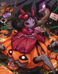  arthropod_girl artist_name basket black_hair black_legwear bow broken_heart bug candle candy colored_skin commentary_request costume cup dress extra_arms extra_eyes fangs female fewer_digits fire food hairbow halloween hat heart highres horns jack-o&#039;-lantern muffet muffet&#039;s_pet night night_sky one_eye_closed pumpkin purple_fire purple_skin red_dress riding scarecrow short_hair signature silk sky spider spider_girl spider_web sunglasses teacup teapot teeth trick_or_treat undertale waddledox_(waddy) 