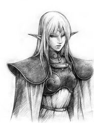  aritani_mahoro armor cape commentary_request deedlit elf female graphite_(medium) greyscale highres monochrome photoshop_(medium) pointy_ears record_of_lodoss_war solo traditional_media 