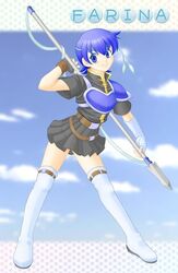  armor belt blue_eyes blue_hair boots cloud clouds elbow_gloves farina farina_(fire_emblem) female fingerless_gloves fire_emblem fire_emblem:_rekka_no_ken fire_emblem_blazing_sword full_body gloves headband lance lowleg open_legs pegasus_knight polearm short_hair skirt sky smile solo spread_legs thigh_boots thighhighs weapon 