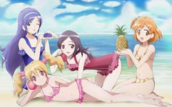  4girls :d ;o all_fours aono_miki barefoot beach bikini black_hair blonde_hair blue_eyes blueberry brown_eyes casual_one-piece_swimsuit cloud commentary_request day food fresh_precure! frilled_bikini frilled_one-piece_swimsuit frills fruit higashi_setsuna highres kinfuji long_hair long_legs lying momozono_love multiple_girls name_connection navel object_namesake on_side one-piece_swimsuit one_eye_closed open_mouth orange_hair outdoors passion_fruit peach pineapple precure purple_hair red_eyes seiza short_hair sitting sky smile striped_bikini striped_clothes swimsuit twintails vertical-striped_bikini vertical-striped_clothes yamabuki_inori 