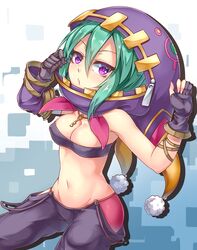  :o aqua_hair armpits asymmetrical_gloves bare_shoulders black_gloves blue_background breasts cleavage commentary_request covered_nipples detached_sleeves female gauntlets gloves hair_between_eyes highres hood jewelry karma_(road_to_dragons) key medium_breasts midriff navel necklace pants purple_eyes road_to_dragons shintani_tsushiya side_slit simple_background solo stomach uneven_gloves white_background zipper 