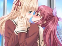  2girls blonde_hair blue_eyes couple game_cg holding_hands kani_biimu matsubara_yuuna multiple_girls oda_nanami pink_eyes pink_hair school_uniform sono_hanabira_ni_kuchizuke_wo st._michael&#039;s_school_uniform twintails yuri 