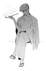  1boy closed_eyes commentary_request diamond_wa_kudakenai earrings greyscale highres holding holding_smoking_pipe japanese_clothes jewelry jojo_no_kimyou_na_bouken kimono kiseru kishibe_rohan male_focus monochrome sandals sitting smoking_pipe solo tabi wuziky00 yukata 