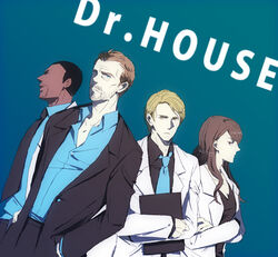  3boys allison_cameron animification bad_id bad_pixiv_id black_hair blonde_hair brown_eyes brown_hair eric_foreman facial_hair female gregory_house house_m.d. jacket kanro_(nijiiro) lab_coat long_hair messy_hair multiple_boys pale_skin robert_chase short_hair stubble 