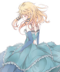  bad_id bad_pixiv_id bare_shoulders black_bullet blonde_hair blue_gloves closed_eyes closed_mouth commentary_request dress elbow_gloves female frilled_dress frills from_behind gloves green_dress hair_ornament long_hair looking_down mo_(k40633) solo tina_sprout x_hair_ornament 