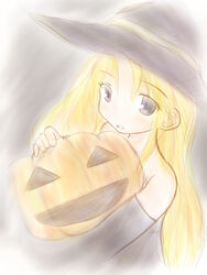  bare_shoulders blonde_hair commentary_request deneb_rove dress elbow_gloves eyelashes female food gloves graphite_(medium) hat holding holding_food holding_pumpkin holding_vegetable jack-o&#039;-lantern kazuo long_hair looking_at_viewer pumpkin purple_eyes purple_gloves purple_hat solo strapless strapless_dress tactics_ogre traditional_media vegetable witch witch_hat 