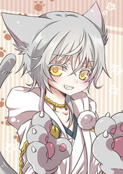  1boy animal_ears animal_hands cat_ears cat_paws cat_tail commentary_request gloves grin hood japanese_clothes male_focus paw_gloves paw_print photoshop_(medium) smile solo tail takoyaki_kenken touken_ranbu tsurumaru_kuninaga white_hair yellow_eyes 