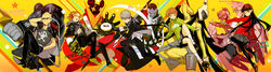  2girls 3boys amagi_yukiko bike_shorts black_hair blonde_hair brown_hair character_name commentary_request denim feathered_wings feathers folding_fan grey_eyes grey_hair hairband hanamura_yousuke hand_fan headphones helmet highres hood hoodie izanagi_(persona_4) jacket jacket_on_shoulders jeans jiraiya_(persona_4) katana konohana_sakuya kunai light_smile long_hair looking_back multiple_boys multiple_girls narukami_yuu open_mouth pants pantyhose persona persona_4 photoshop_(medium) pleated_skirt polearm satonaka_chie scabbard scar sheath shishio_(shishio5431) shoes short_hair skirt skull_and_crossbones sneakers socks star_(symbol) sunglasses sweater sword take-mikazuchi tatsumi_kanji tomoe_(persona_4) weapon wings 