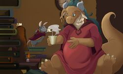  5:3 anthro belly beverage blue_eyes bluewhale127 claws clock clothing dragon duo green_hair hair happy horn larger_male long_hair male mammal mouse murid murine mythological_creature mythological_scalie mythology robe rodent scalie sitting size_difference smaller_male smile tail tea 