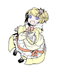  aku_no_musume_(vocaloid) blonde_hair blue_eyes chibi commentary_request crown dress evillious_nendaiki female flower frilled_dress frills hair_ornament hairclip ichi_ka juliet_sleeves kagamine_rin long_sleeves mary_janes mini_crown open_mouth orange_ribbon outstretched_hand partial_commentary photoshop_(medium) pigeon-toed puffy_dress puffy_sleeves ribbon riliane_lucifen_d&#039;autriche rose shoes smile solo updo vocaloid yellow_dress 